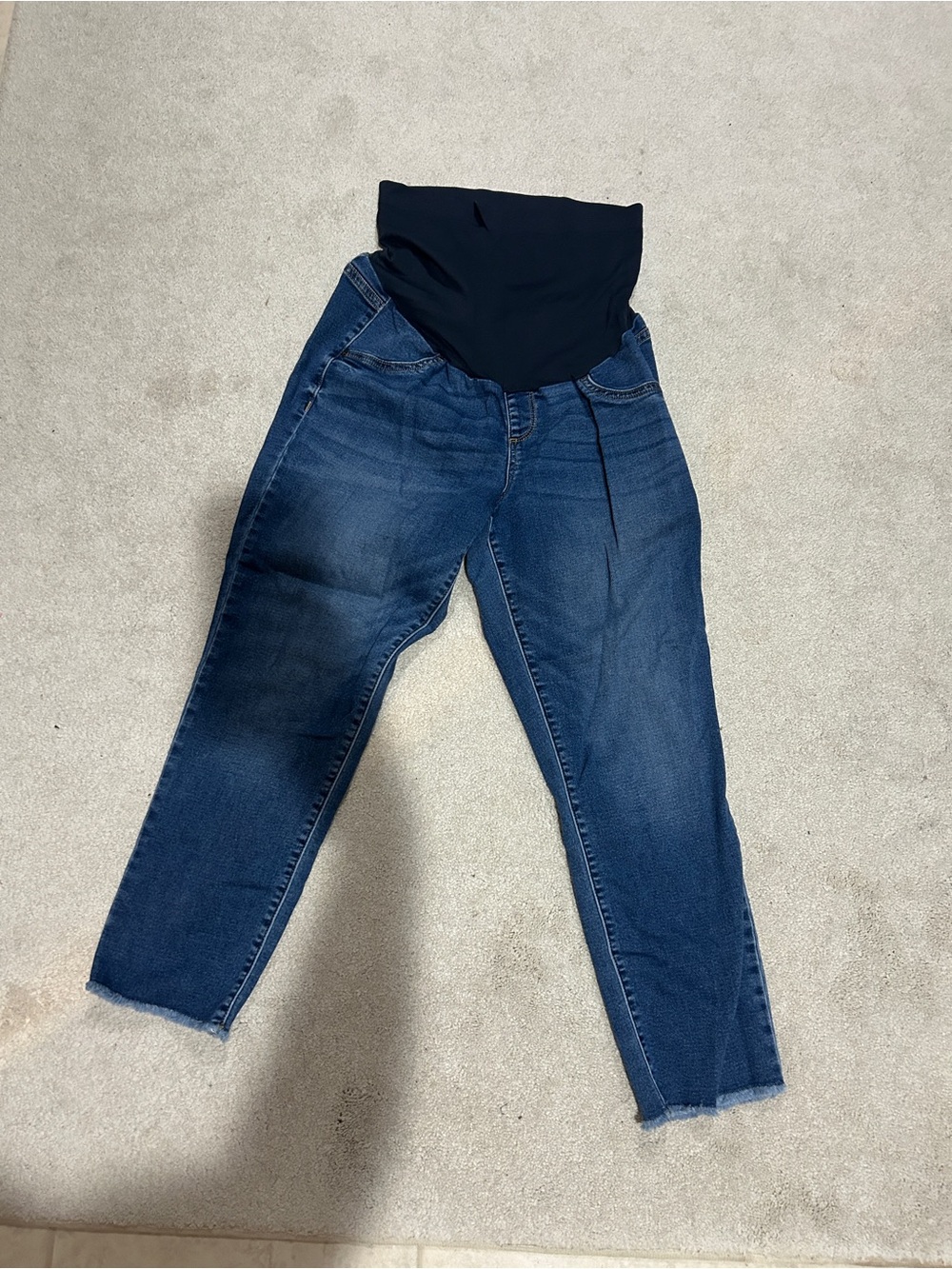 Maternity Dark Blue Stretch Denim Campri Jeans with Black Waist Panel